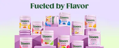 Shows the full range of Bloom pre-workout flavors so shoppers see the variety on offer.