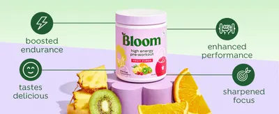 Highlights four distinct pre-workout benefits around the product so shoppers see what the supplement delivers at a glance.