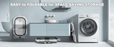 Shows the tub folded flat in a real bathroom so shoppers see it stores easily in small spaces.