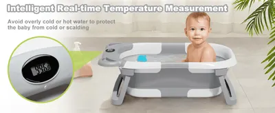 Reassures parents that the built-in thermometer helps avoid water that is too hot or too cold for the baby. Zooms in on the built-in thermometer display so shoppers see exactly where the reading…