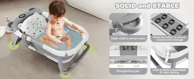 Shows several stability and drainage features in one panel layout to reassure shoppers the tub is sturdy and practical. Zooms in on physical parts such as the water outlet and strengthening bar to…