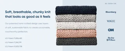 Builds credibility by showing the blanket has been featured in major publications like Bloomberg, Vogue, CNN, and The New York Times. Highlights the patented soft, breathable knit construction using…
