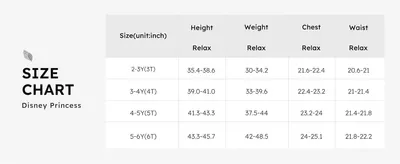 Gives height, weight, chest and waist measurements by age so parents can pick the right size.