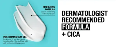 Uses zoomed texture callouts and a bold ingredient claim to communicate multiple formula benefits, including nourishment and dermatologist-backed CICA content.