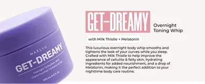 Introduces the overnight body whip and its Milk Thistle and Melatonin formula, reassuring shoppers it smooths and tightens skin while they sleep.