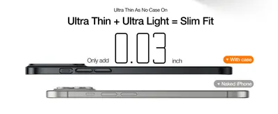 Shows the case adds only 0.03 inch, reassuring shoppers it feels like no case at all. Reinforces the single benefit of a slim, light fit with a clean side-by-side visual.