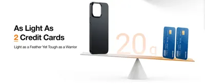 Uses a 20g weight and a credit card comparison so shoppers grasp how light the case is. Communicates one clear benefit, lightweight yet tough, in a simple balanced scene.