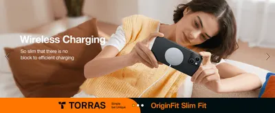 Shows the slim case charging wirelessly in a lifestyle scene, so shoppers know it will not block efficient charging.