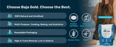 Lists the salt's key benefits and dietary certifications in one panel to reassure shoppers it fits their diet. Shows certification and dietary-suitability badges to build trust in the product.