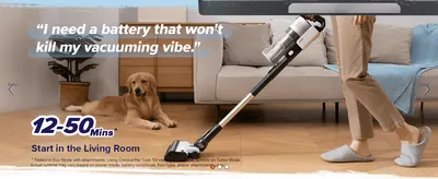 Highlights flexible battery runtime so shoppers trust it will last through their cleaning routine. Uses a relatable first-person quote about battery anxiety…