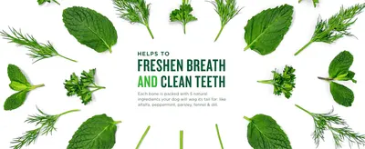 Explains that natural ingredients freshen breath and clean teeth, reassuring shoppers about what is in each chew.