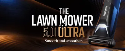 Introduces the Lawn Mower 5.0 Ultra with a bold headline and a smoother-shave promise, with a play button to watch the product video.