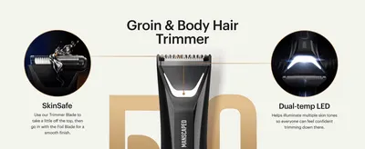 Uses zoom circles and callout lines on the trimmer to show the blade system and LED light, so shoppers see how it gives a smooth finish. Highlights two separate features in split callout zones to…