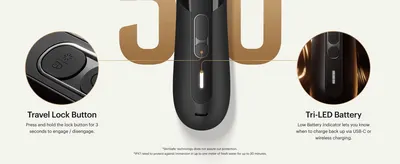 Points to the lock button and battery indicator with zoom circles to show the trimmer's practical controls and charging. Presents two more features in separate callout zones to reassure shoppers…