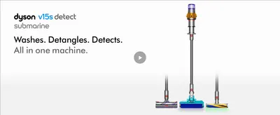 Sums up the vacuum's main promise as one all-in-one machine, with a play button to watch how it works. Shows the Dyson name and the range of cleaner heads to signal a premium brand and a versatile…