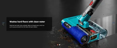 Shows the motorized wet roller lifting liquids and stains from hard floors, reassuring shoppers it cleans wet messes.