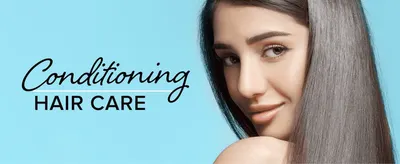 Introduces the product as a conditioning hair care solution alongside an aspirational model image.