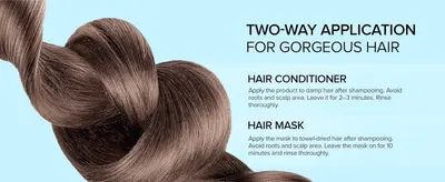 Explains how to use the same product two ways, as a conditioner and as a hair mask, with step-by-step application timing for each.
