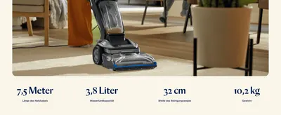 Shows the product's physical dimensions and weight to help shoppers understand its size and maneuverability. Highlights the water tank capacity as a key performance stat alongside the product's…