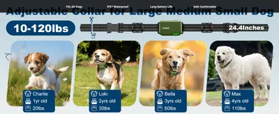 Shows the collar adjusts to fit dogs of any size from 10-120lbs at up to 24.4 inches, reassuring buyers it will fit their specific dog. Highlights four key benefits (universal fit, waterproofing,…