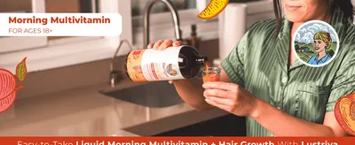 Shows the liquid multivitamin being poured in a real kitchen, so shoppers see how easy it is to take each morning.