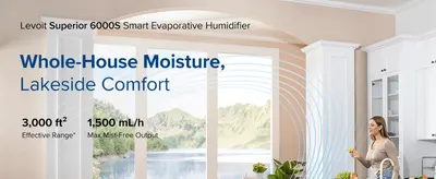 Promises whole-house humidity comfort in a calm lakeside scene, so shoppers trust it to cover a large space. Backs the claim with 3,000 ft² range and 1,500 mL/h output, so shoppers can judge the…