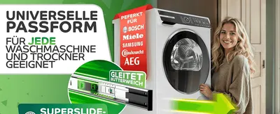 Reassures shoppers the part fits every major washing machine and dryer brand, removing compatibility concerns. Highlights that the slide mechanism moves the machine with very little effort.
