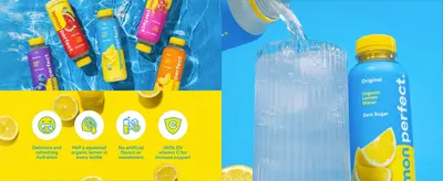 Pairs product and pour photography with four icon benefits so shoppers see the taste, ingredient and vitamin C claims at a glance.
