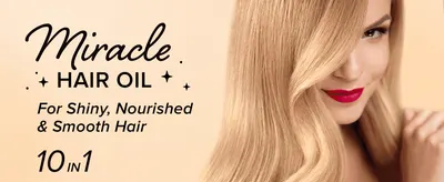 Introduces the hair oil with its name and core promise of shiny, nourished, smooth hair to set up the A+ story.
