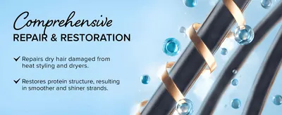 Highlights two checked benefits, repairing heat damage and restoring protein structure, to prove the product's efficacy.
