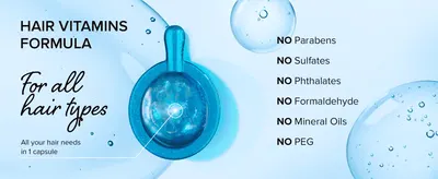 Reassures shoppers the formula avoids parabens, sulfates and other harsh ingredients. Promotes the single-capsule vitamin formula as meeting all hair needs for any hair type.