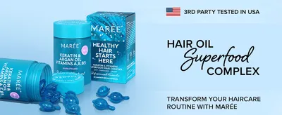 Introduces the hair oil as a superfood complex that transforms haircare, backed by a third-party-tested USA badge for trust.