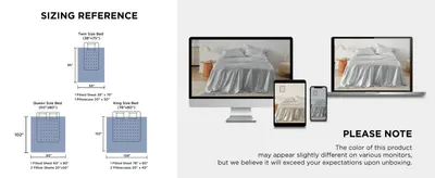 Gives exact sheet dimensions for twin, queen and king beds and warns that screen colors may differ, so shoppers pick the right size and set expectations.