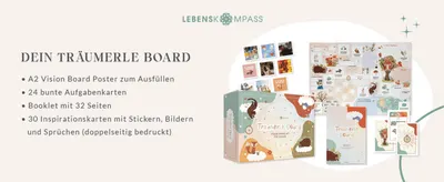 Shows everything included in the Träumerle Board kit (poster, task cards, booklet, inspiration cards) so shoppers know exactly what they receive.