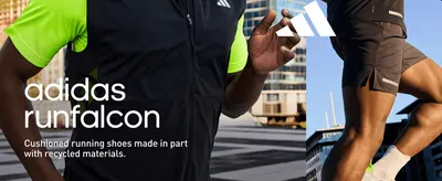 Introduces the Runfalcon by name and highlights that the cushioned shoe is made in part with recycled materials.