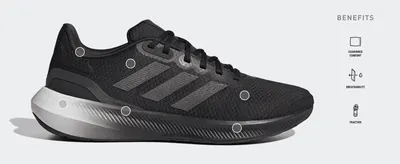 Points to the specific zones of the shoe responsible for cushioned comfort, breathability and traction to reassure shoppers of the shoe's performance.