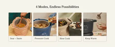 Shows four ways to cook with one appliance so shoppers see its versatility. Presents each cooking mode in its own panel so shoppers can scan the options fast.