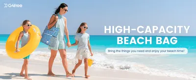 Uses a family beach scene to show the bag holds everything needed for a beach day.