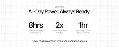 Uses three bold stats (8hrs, 2x, 1hr) to reassure shoppers of long recording time, a two-mic bundle, and fast charging. Segments three separate performance claims into a clean stat grid so shoppers…