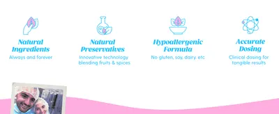 Highlights four distinct product quality claims (natural ingredients, natural preservatives, hypoallergenic formula, accurate dosing) in a segmented icon layout to build trust in the formula.