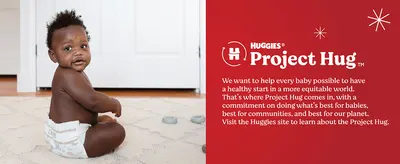 Shares the Project Hug mission to show the brand cares about babies, communities and the planet. Signals a commitment to communities and the planet to build trust with values-driven parents.