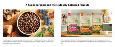 Explains what the recipe leaves out and the added nutrients it includes, reassuring owners the food suits sensitive dogs.