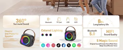 Shows the speaker's key selling points (360 sound, connectivity, battery, lighting, sound quality) in a segmented grid so shoppers can scan benefits quickly.