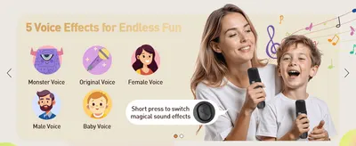 Showcases five distinct voice-changing effects to demonstrate the variety of fun the product offers. Explains that a short press switches between the magical sound effects for easy use.