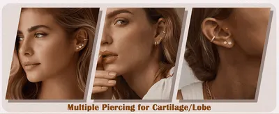 Shows several ways to style multiple piercings across cartilage and lobe to help shoppers visualize combinations.