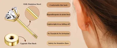 Lists five distinct benefits in segmented panels to reassure shoppers the earrings are safe and comfortable for sensitive ears. Highlights material safety claims like nickel-free and hypoallergenic…