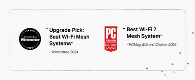 Shows Wirecutter and PCMag Editors' Choice recognition as third-party proof that the mesh system is a top pick.