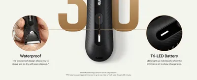 Points out the waterproof build and tri-LED battery indicator on the trimmer so shoppers see the physical features behind its wet use and charge tracking. Presents two distinct benefits side by side…