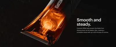 Uses a glowing cutaway of the motor to show the blade keeps a steady speed as the battery drains, giving a consistent shave.