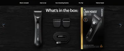 Lays out the trimmer, guard combs, charging cable and retail box so shoppers know exactly what they receive.